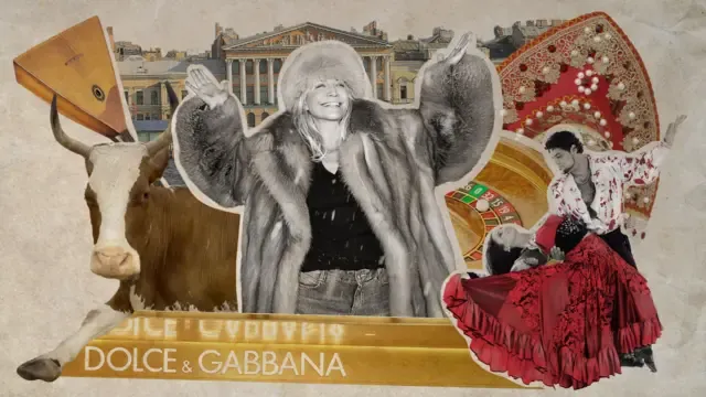 Коллаж: героиня статьи в меховой шубе на фоне балалайки, кокошника, усадьбы и надписи "Дольче и Габбана"