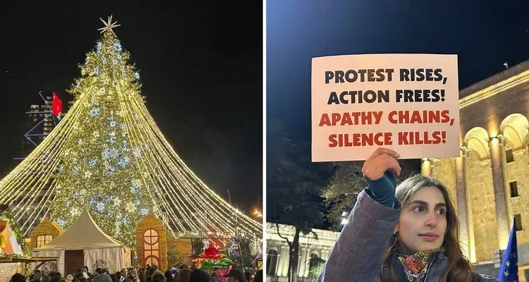 Не такая уж тихая ночь — Тбилиси вступает в праздничный сезон на фоне продолжающихся протестов 1 untitled design 80 новости OC Media, новогодняя елка, протест в Тбилиси, рождественская елка