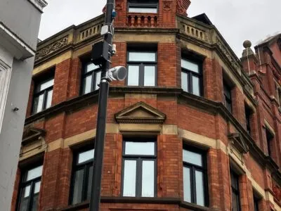 Image shows a speaker on a lamppost, which plays classical music to deter youths in Liverpool