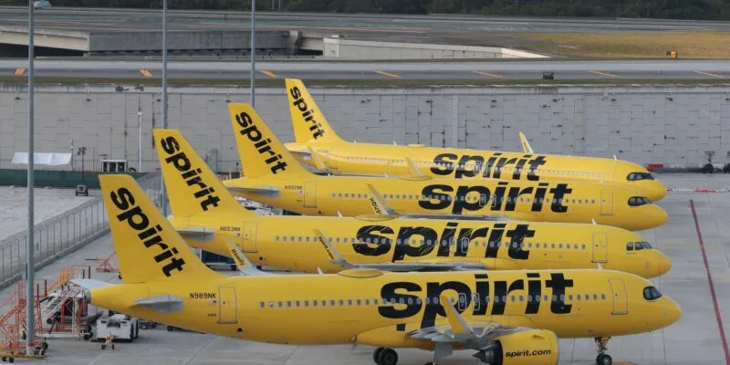 Лайнеры Spirit стоят в ряд на стоянке в аэропорту Флориды