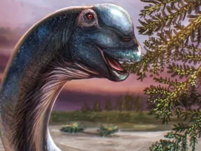 Artist reconstruction of the Nagatitan, a dark blue long-necked dinosaur eating leaves from a tree.