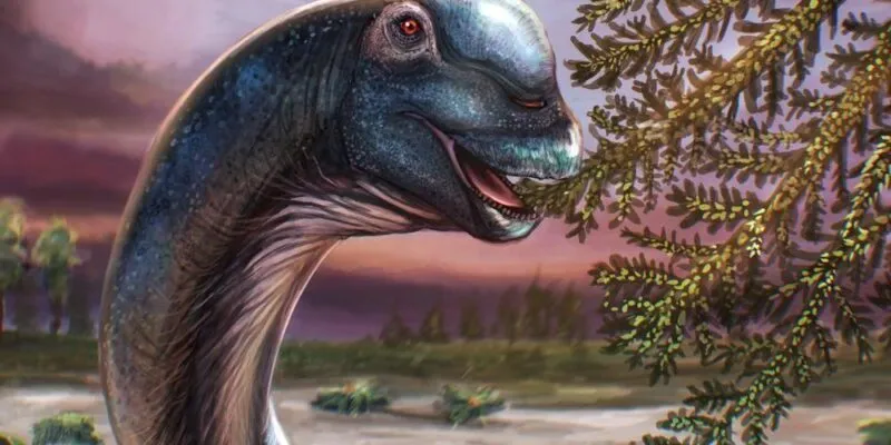 Artist reconstruction of the Nagatitan, a dark blue long-necked dinosaur eating leaves from a tree.