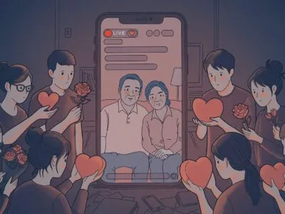 Иллюстрация, на которой изображена пара, ведущая прямой эфир в социальной сети, в окружении грустных молодых людей, подающих инфлюэнсерам сердечки и цветы