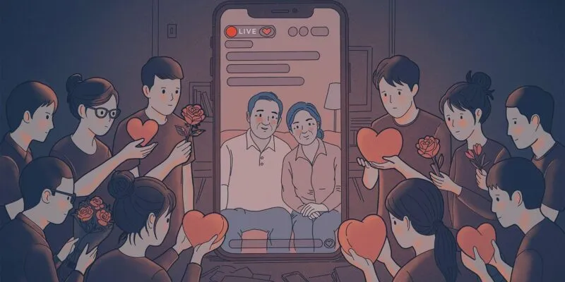 Иллюстрация, на которой изображена пара, ведущая прямой эфир в социальной сети, в окружении грустных молодых людей, подающих инфлюэнсерам сердечки и цветы