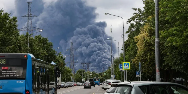Клубы дыма над Москвой после атак ВСУ 18 июня на фоне проезжей части, на которой видны припаркованные и едущие по дороге автомобили и автобусы