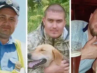 Composite image of three men: Temerbek in a blue shirt, hi-vis jacket and cap (left), Spivak in a camouflage jacket holding a dog (centre), and Yeriomichev, with a short beard and a glass of beer (right)