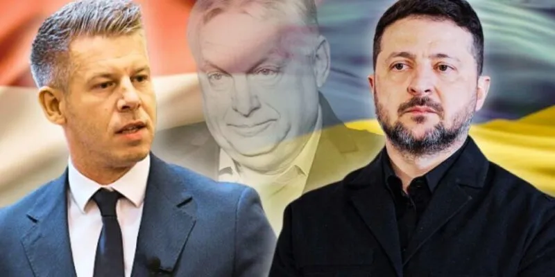 Коллаж - Мадьяр и Зеленский на фоне флагов Украины и Венгрии и полупрозрачного изображения Орбана
