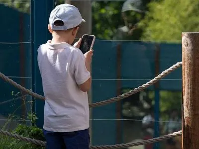 Ребенок стоит у веревочного заграждения в зоопарке, уткнувшись в телефон