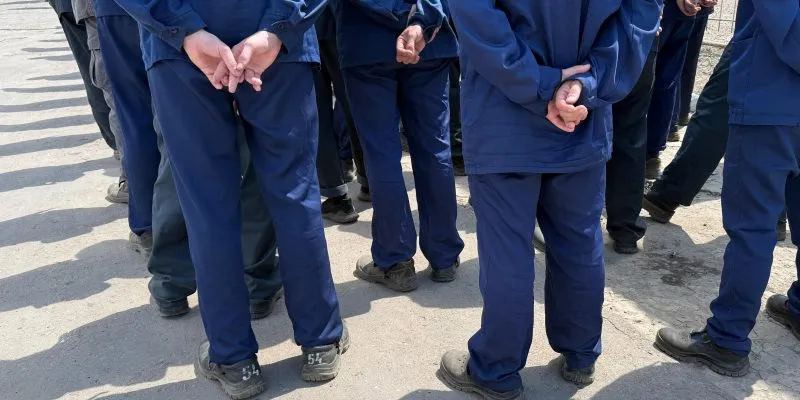 Вид со спины на ряд мужчин в темно-синей военной форме. Они стоят, скрестив руки за спиной.