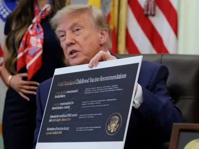 Трамп держит в руках табличку с золотым стандартом рекомендаций вакцин