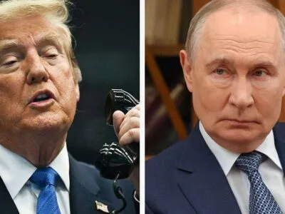 Коллаж: Трамп с телефонной трубкой в руке и Владимир Путин.