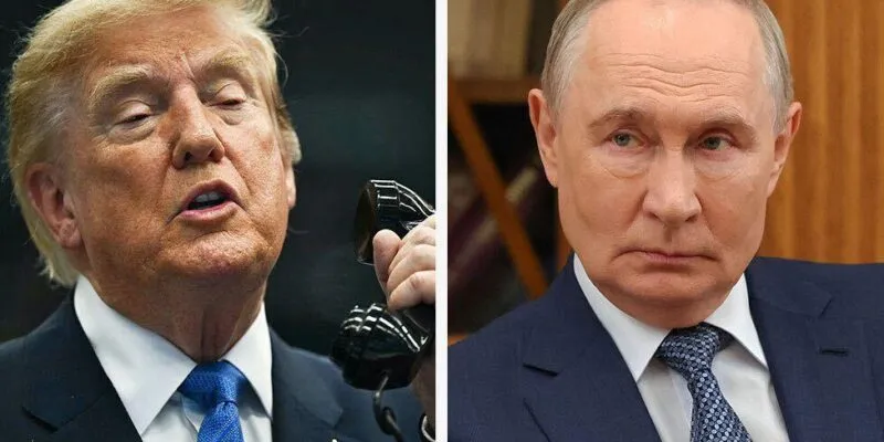 Коллаж: Трамп с телефонной трубкой в руке и Владимир Путин.