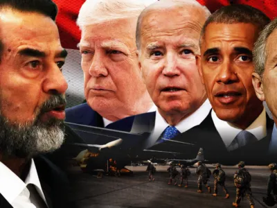 США уходят из Ирака после 20 лет военного присутствия. Что они оставляют после себя и что будет дальше? 1 Изображение, на котором на фоне флага Ирака объединены фотографии бывшего президента Ирака Саддама Хусейна и президентов США: Дональда Трампа, Джо Байдена, Барака Обамы и Джорджа Буша-младшего. В нижней части изображения американские военные идут к самолету.