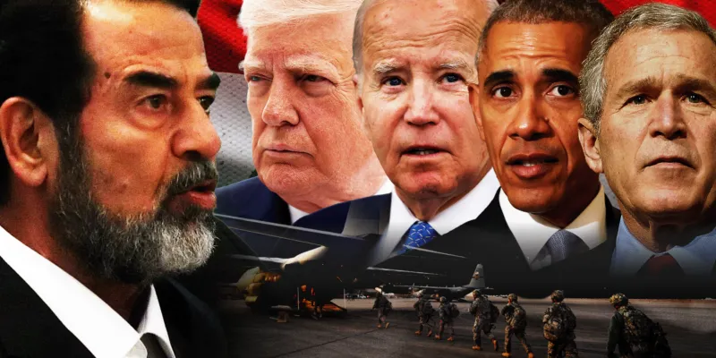 США уходят из Ирака после 20 лет военного присутствия. Что они оставляют после себя и что будет дальше? 1 Изображение, на котором на фоне флага Ирака объединены фотографии бывшего президента Ирака Саддама Хусейна и президентов США: Дональда Трампа, Джо Байдена, Барака Обамы и Джорджа Буша-младшего. В нижней части изображения американские военные идут к самолету.